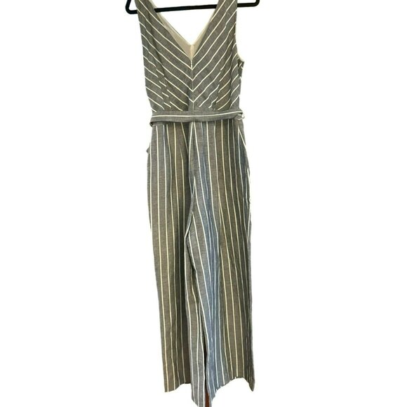 Loft Women's Charcoal Gray V-Neck Linen Blend Striped Jumpsuit Size 10 NWT - Picture 4 of 5